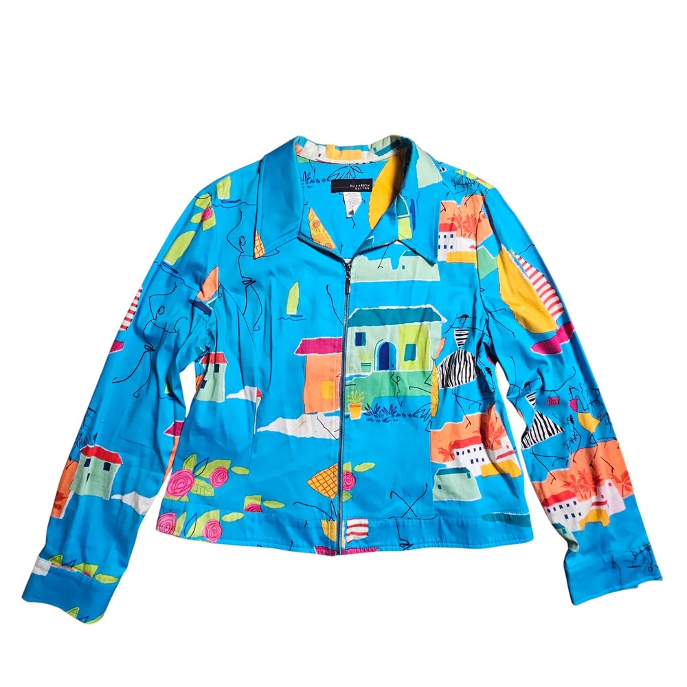 Elizabeth Dalton Abstract Village Print Full Zip Jacket Womens 16 Cotton‎ Blend